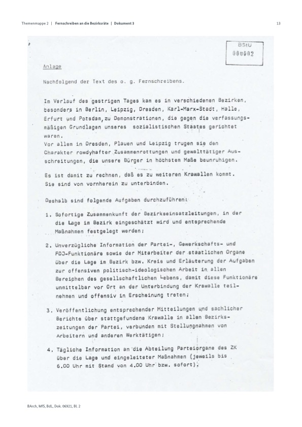 Fernschreiben von Erich Honecker an alle Bezirkssekretäre vom 08.10.1989&nbsp;(Auszug)