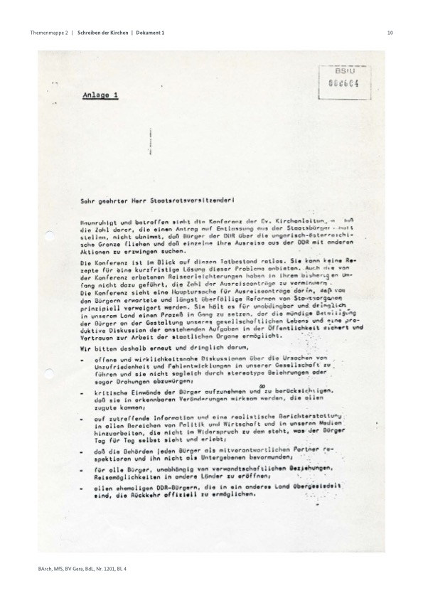 Schreiben der Konferenz der evangelischen Kirchen an Erich Honecker vom&nbsp;08.09.1989