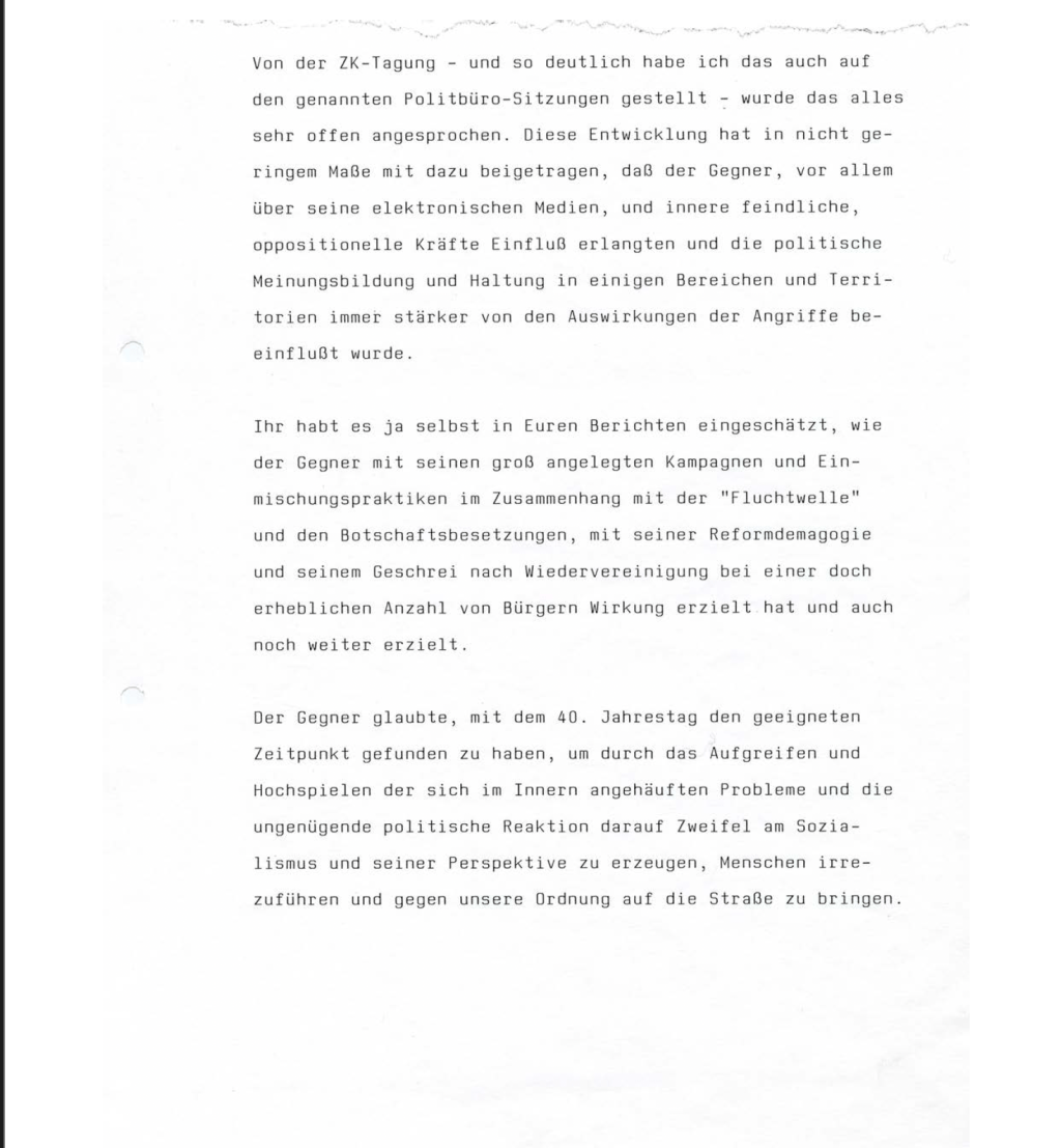 Einschätzung der Lage in der DDR durch Erich Mielke (Oktober 1989)