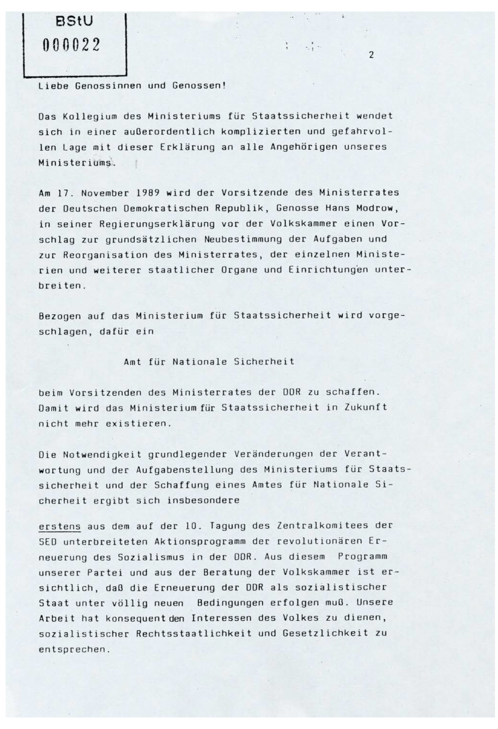 Erklärung des Kollegiums des MfS 17. November 1989