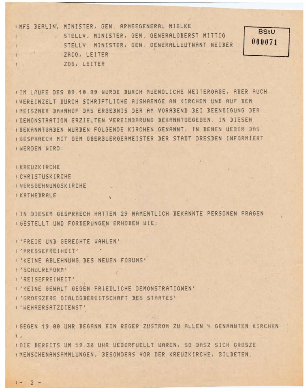 Fernschreiben der Bezirksverwaltung Dresden an das MfS Berlin vom 10.10.1989 an das MfS Berlin (Auszug)