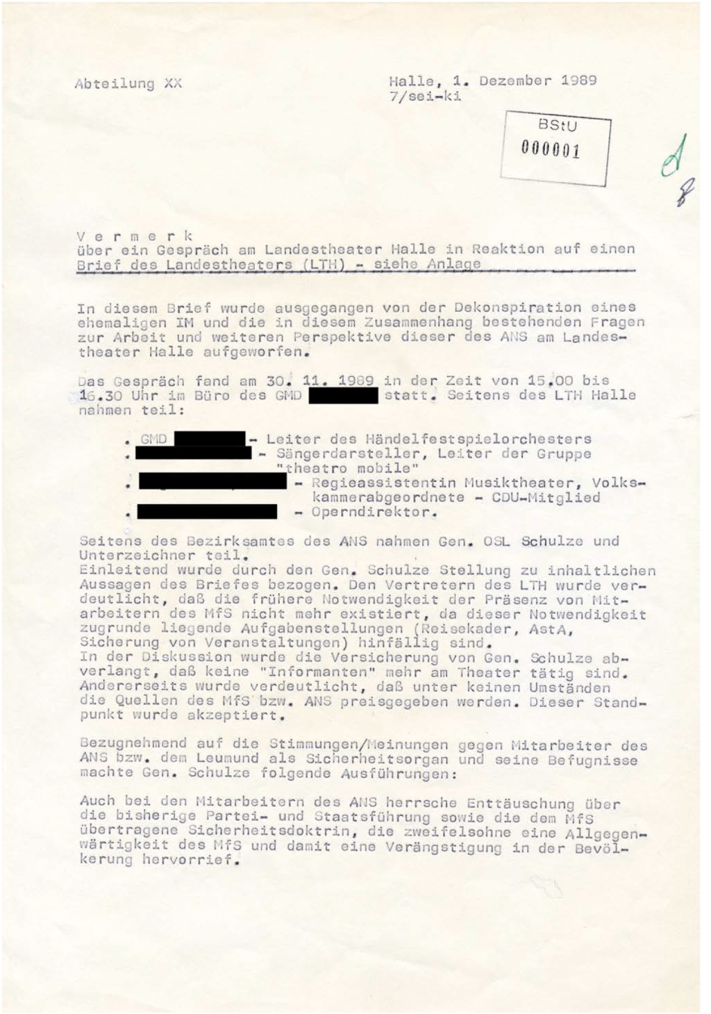 Über ein Gespräch am Landestheater Halle in Reaktion auf einen Brief des Landestheaters (01.12.1989)