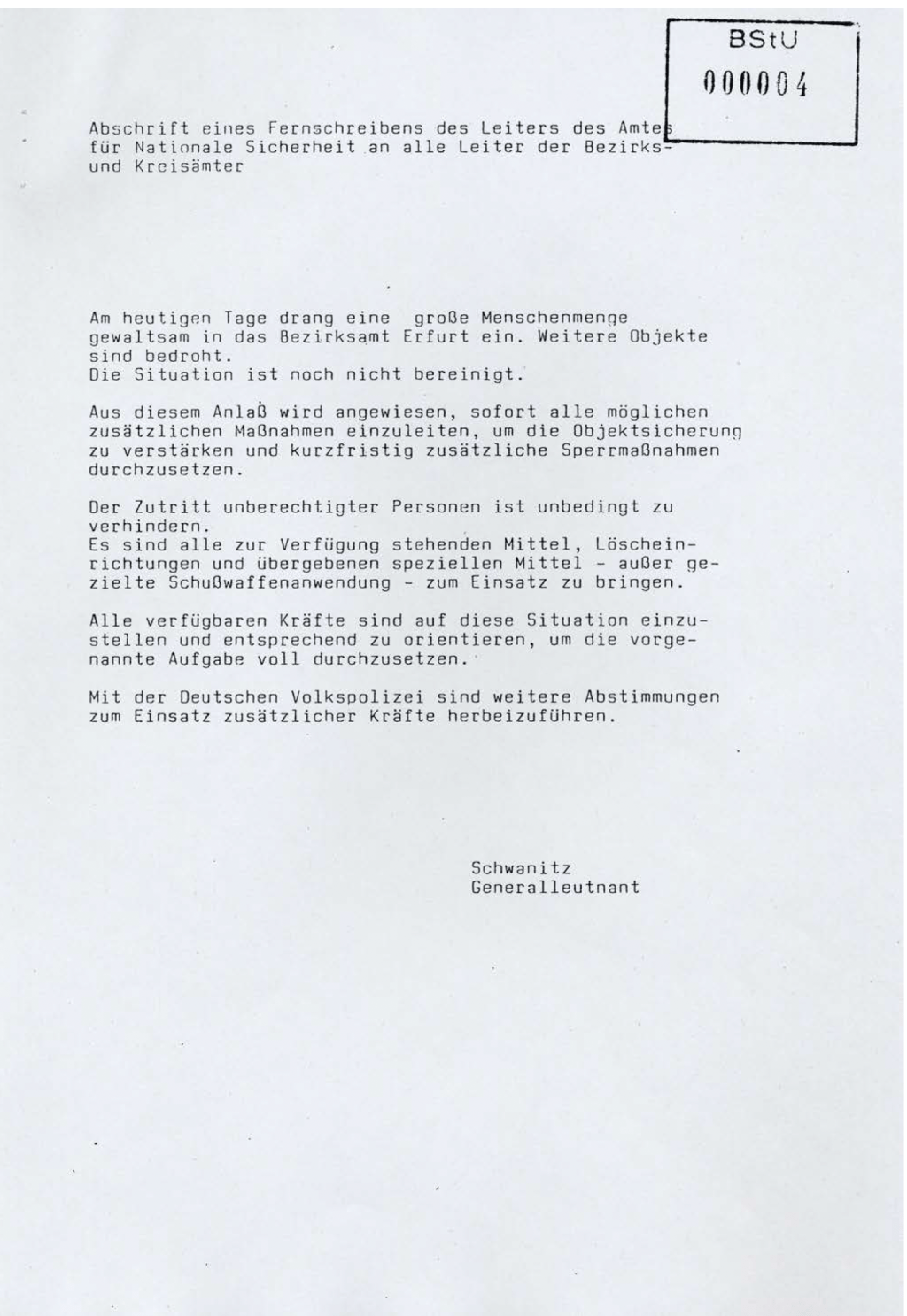 Fernschreiben des Chefs des AfNS Generalleutnant Schwanitz an die Bezirks- und&nbsp;Kreisämter