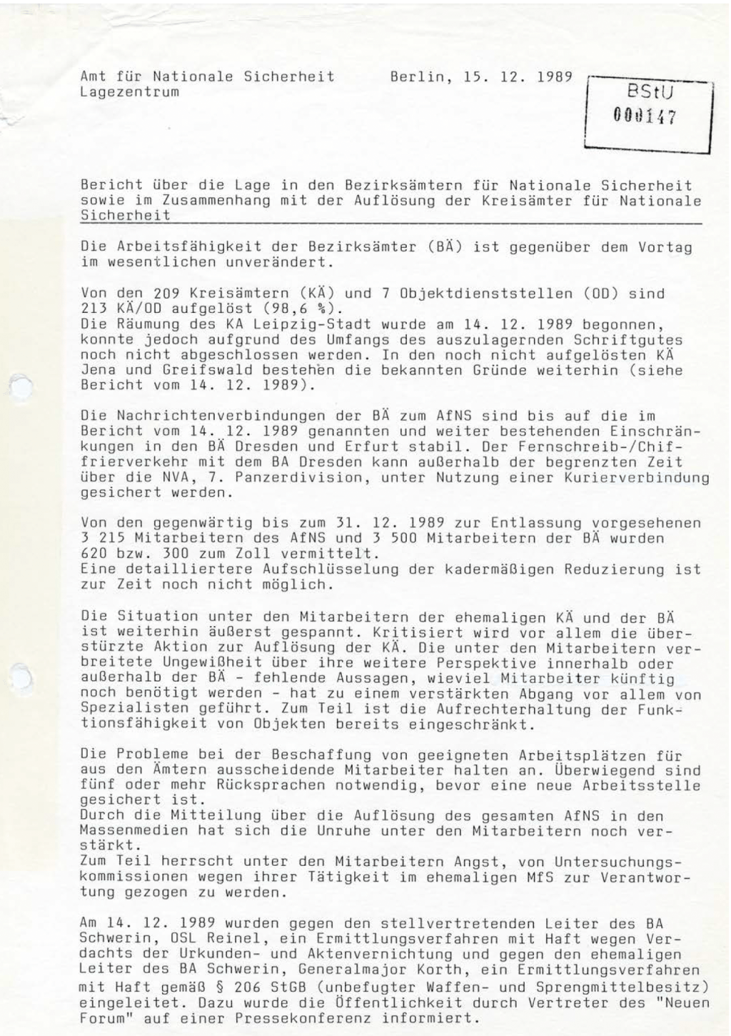 Bericht über die Lage in den Bezirksämtern für Nationale Sicherheit sowie im Zusammenhang mit der Auflösung der Kreisämter für Nationale Sicherheit&nbsp;(15.12.1989)