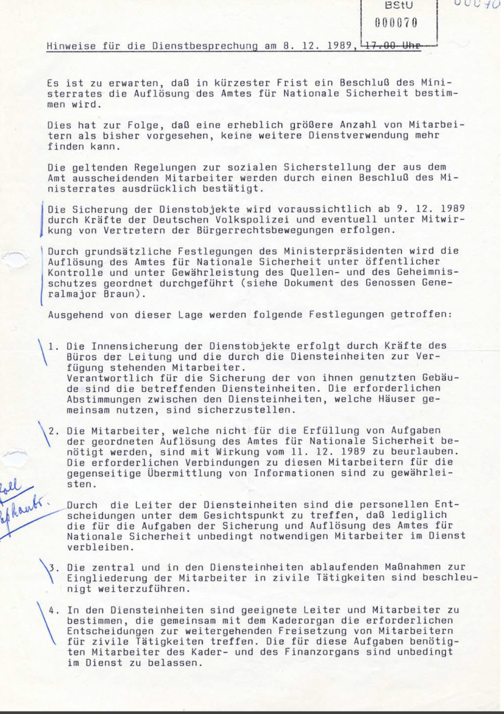 Hinweise für die Dienstbesprechung am 08.12.1989, 17:00&nbsp;Uhr