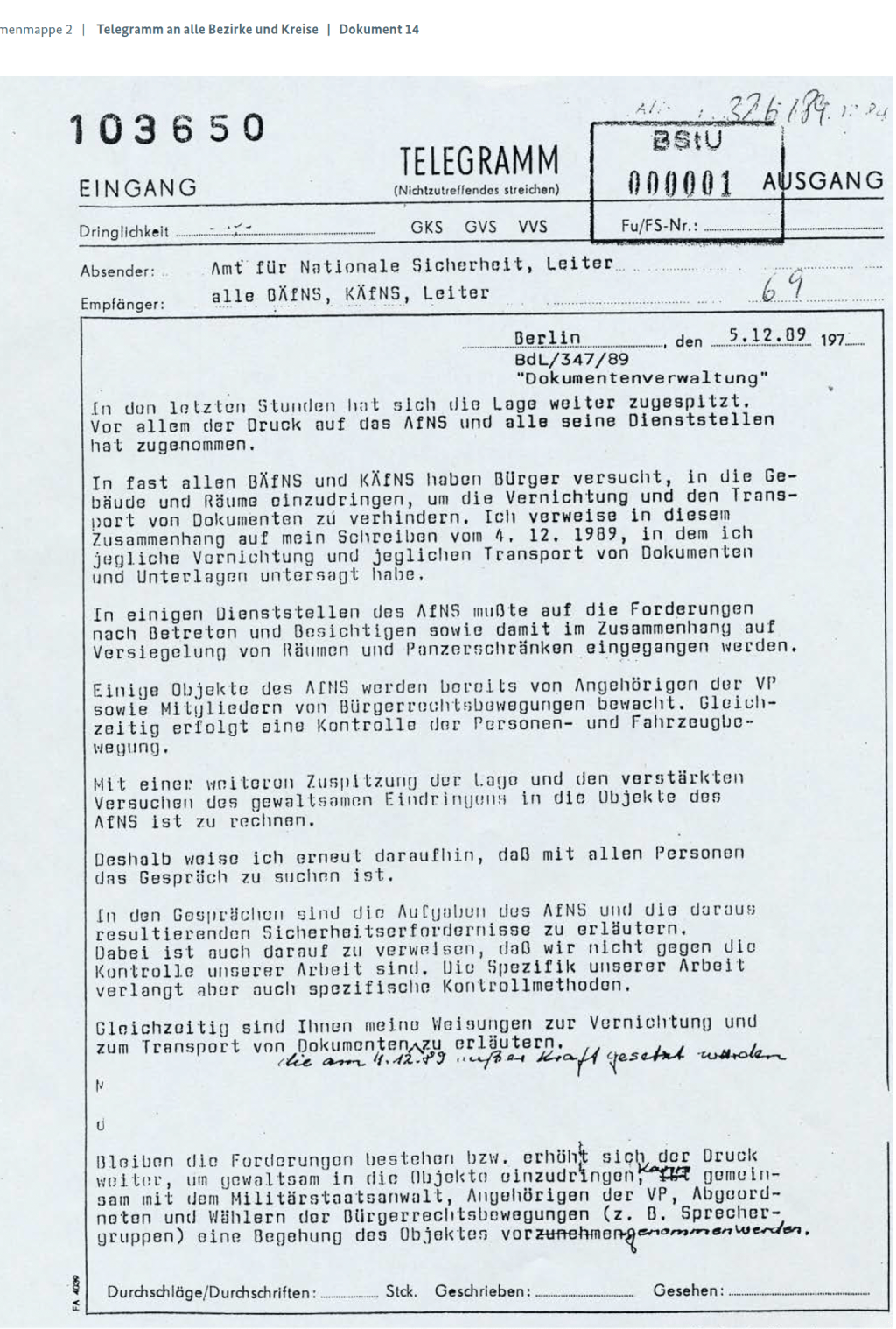 Telegramm des AfNS an alle Bezirke und Kreise vom&nbsp;05.12.1989